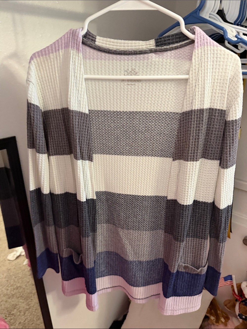 Justice Striped Waffle Cardigan in Lavender, Gray & White